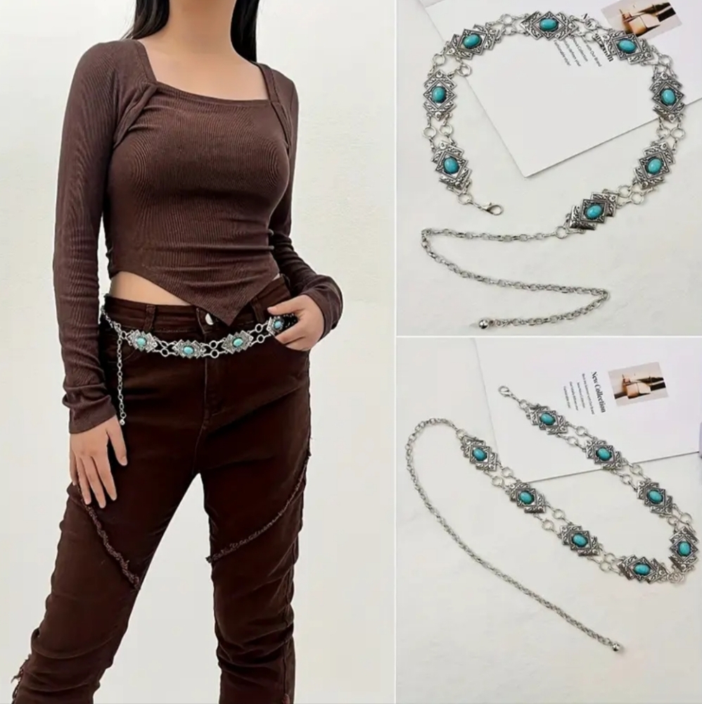 2/$40‎ NEW Western Coastal Cowgirl Silver and Turquoise Chain Obi Belt-(#0160)